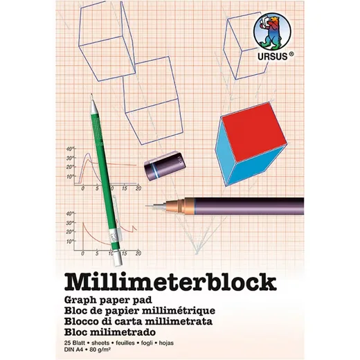 URSUS Millimeterblock DIN A4 25 Blatt 1 mm Gitternetz rot