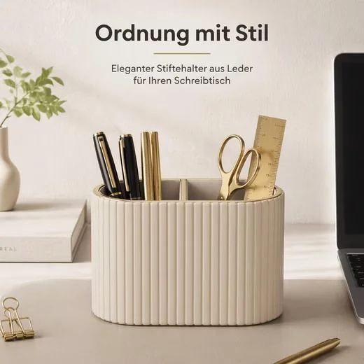 FELIXLEO Schreibtisch Stiftehalter oval PU-Leder, 2 Fächer, beige