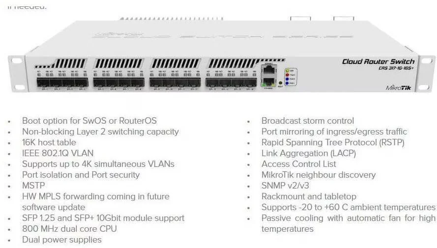 MikroTik CRS317-1G-16S+RM 16x SFP+ 10GbE Rackmount Switch