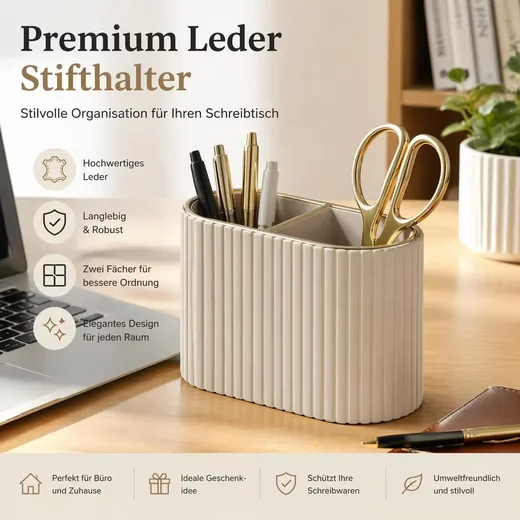 FELIXLEO Schreibtisch Stiftehalter oval PU-Leder, 2 Fächer, beige