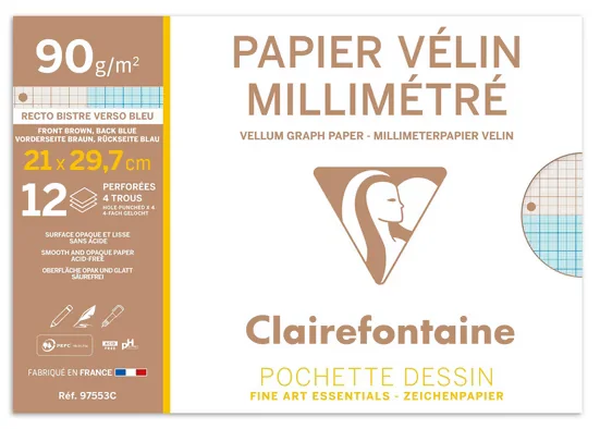 Clairefontaine Millimeterpapier DIN A4 90 g weiß, 12 Blatt, 10x 97553C