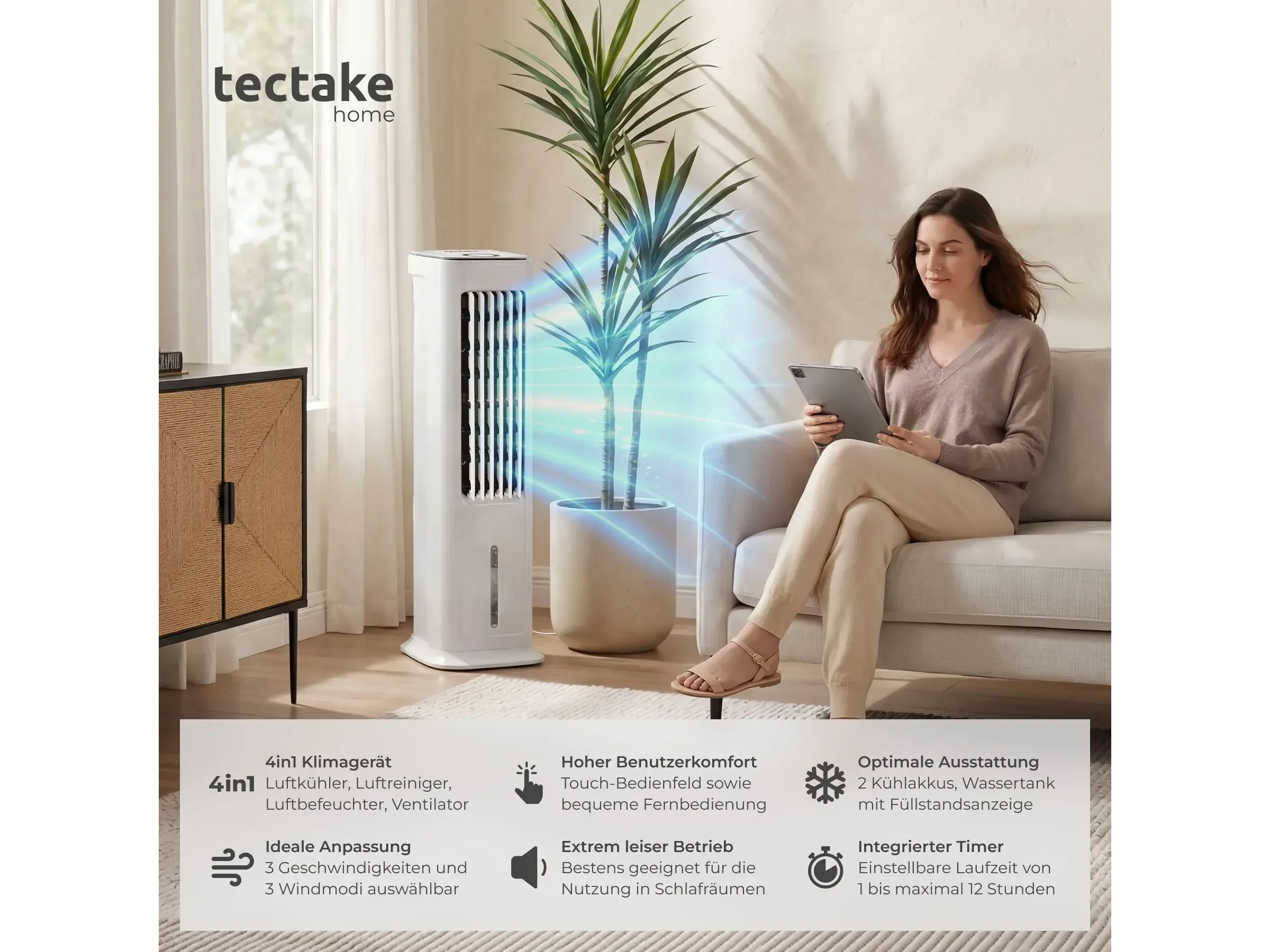 TECTAKE Luftkühler Alaska 4-in-1, 5 l Tank, 3 Modi, 3 Stufen, Weiß