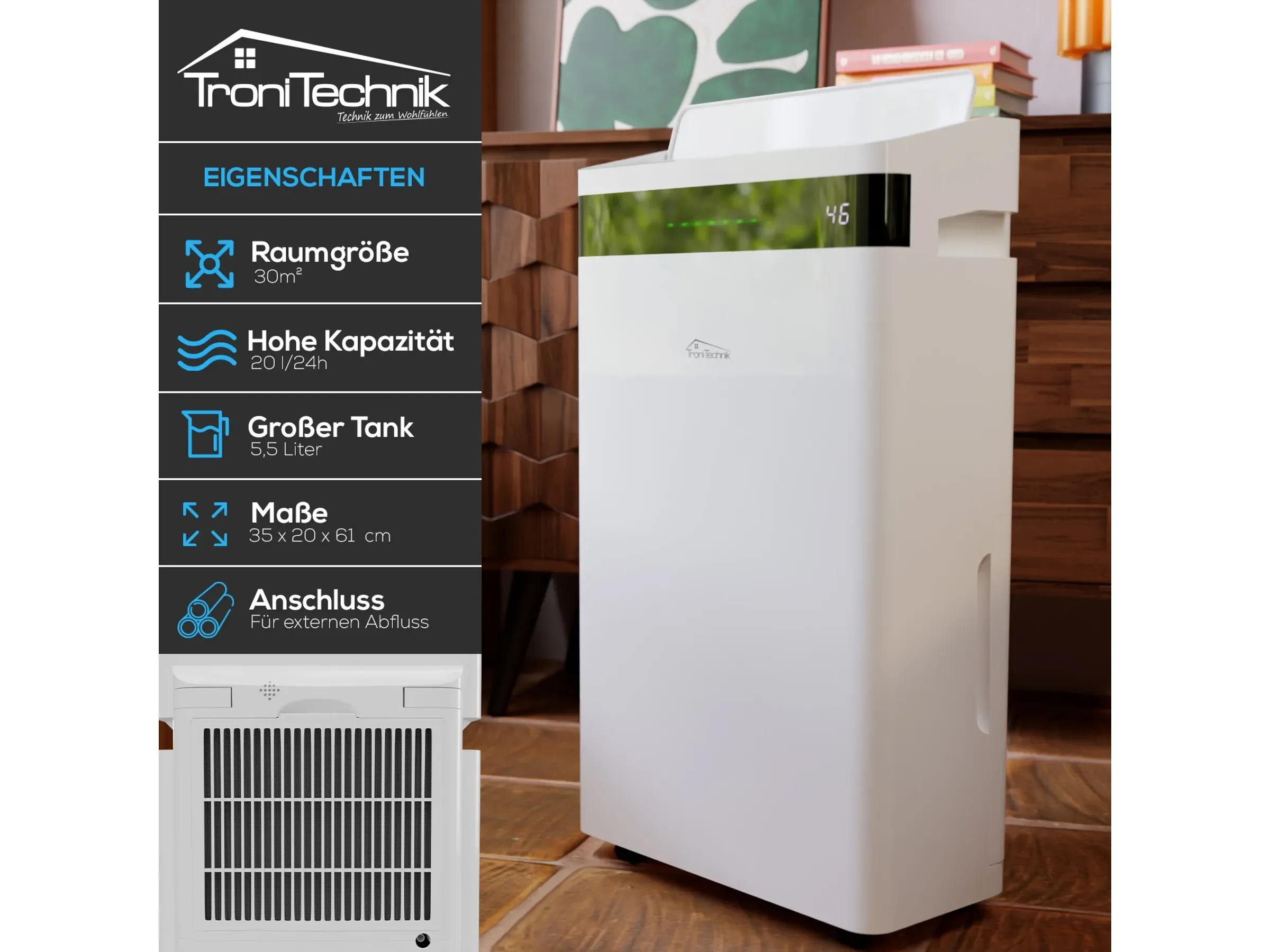 TroniTechnik EF04 Luftentfeuchter 20 l/24h, 5,5 l Tank, Kompressor