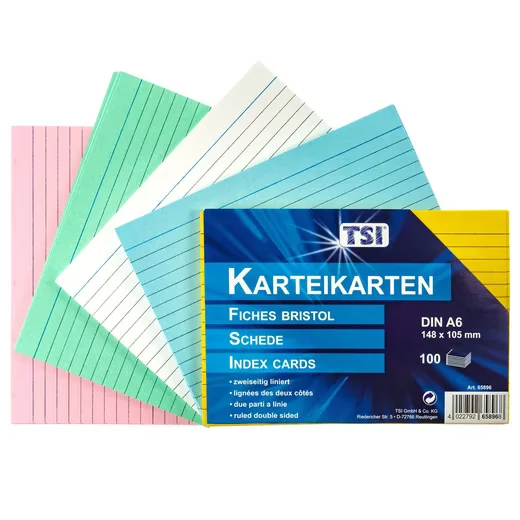 TSI SCHREIBWAREN Karteikarten A6 liniert 100 Stück farbig sortiert