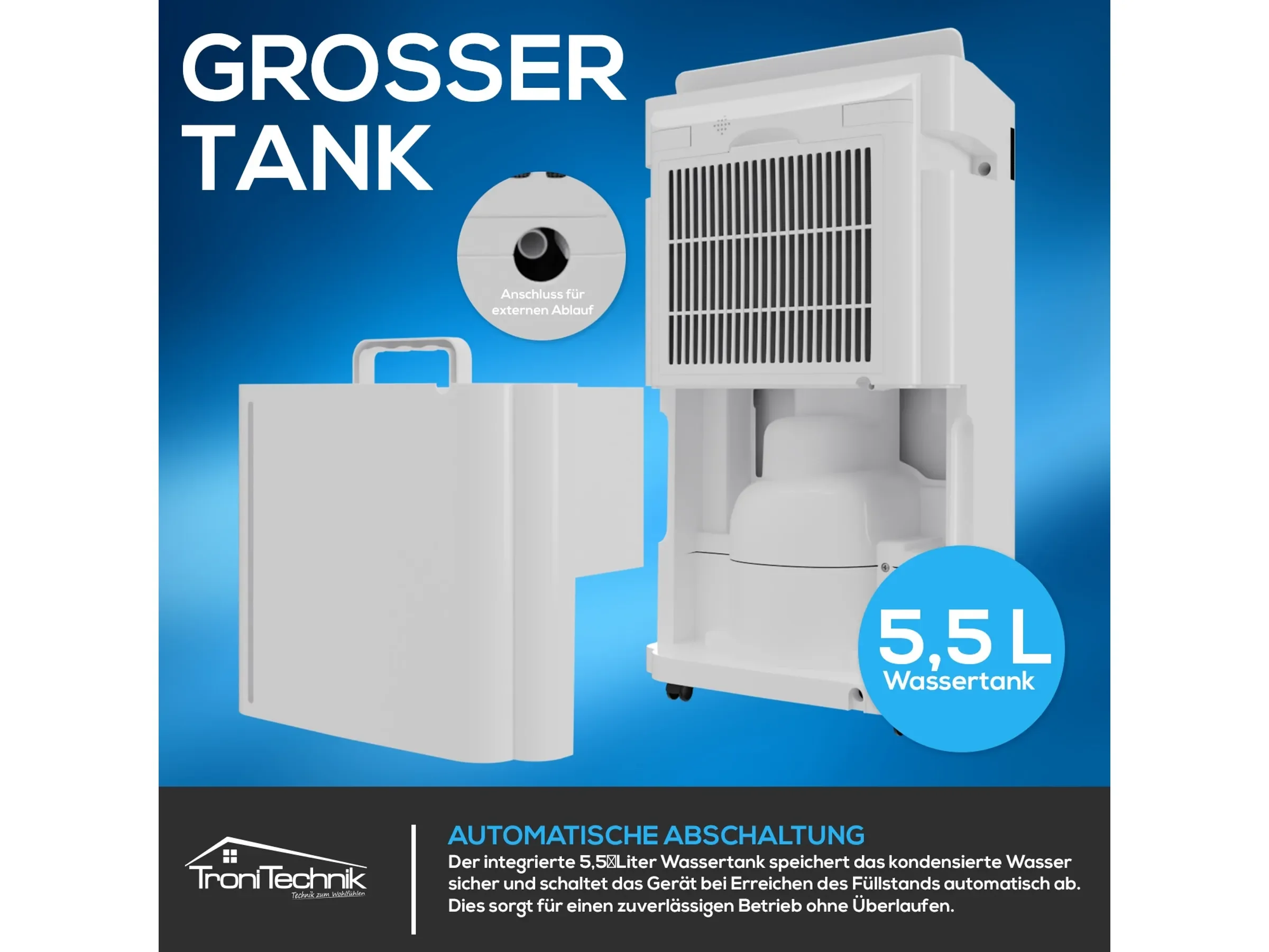 TroniTechnik EF04 Luftentfeuchter 20 l/24h, 5,5 l Tank, Kompressor