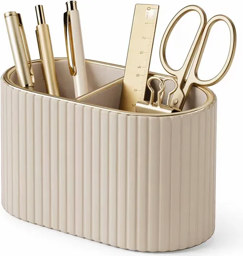 FELIXLEO Schreibtisch Stiftehalter oval PU-Leder, 2 Fächer, beige